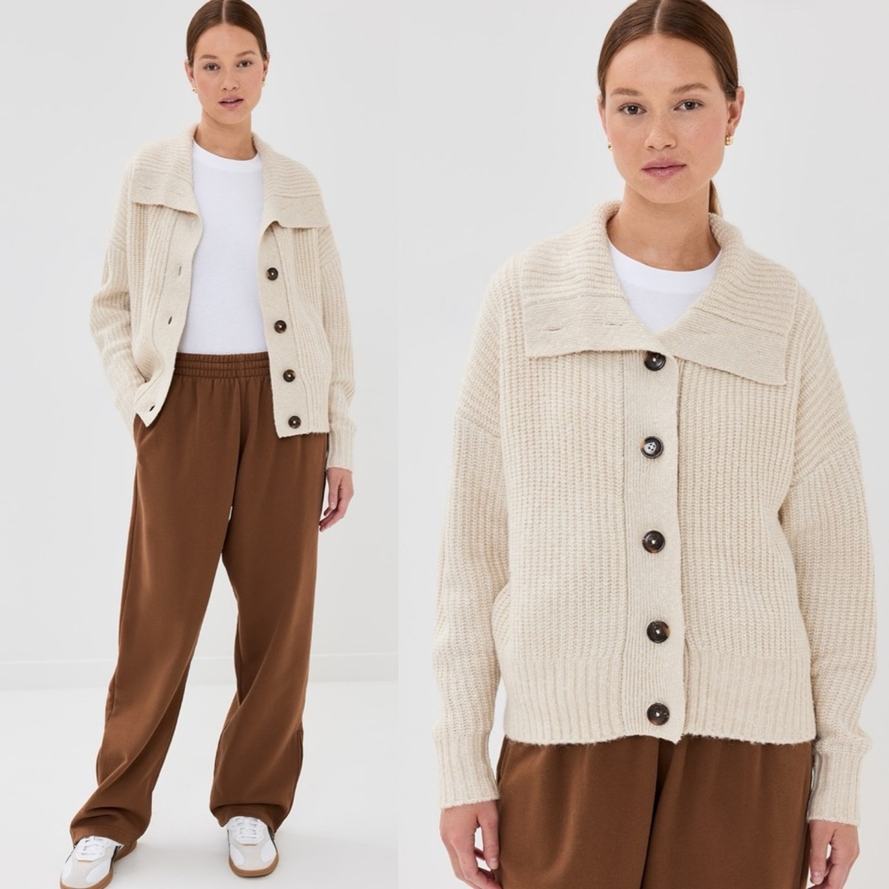 Varley Roscoe Knit Jacket in Fog Fleck Cream Neutral Button Down Sweater NWT